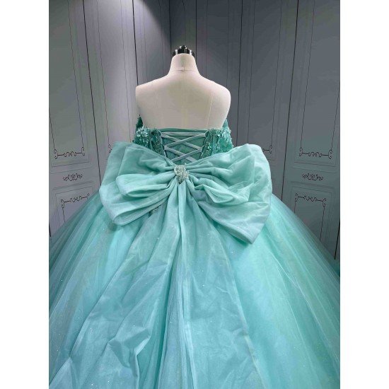 Mumuleo Mint Green Off Shoulder Quinceanera Dress 3D Floral Beaded Corset Big Bow Ruffle Tulle Ball Gown Long Train Vestidos De 15 Anos Sweet 16 Birthday Dress