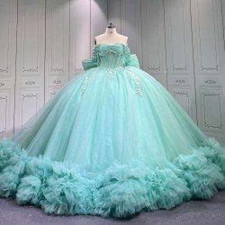 Mumuleo Mint Green Off Shoulder Quinceanera Dress 3D Floral Beaded Corset Big Bow Ruffle Tulle Ball Gown Long Train Vestidos De 15 Anos Sweet 16 Birthday Dress
