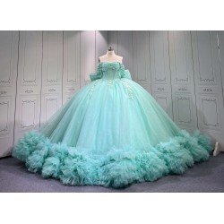 Mumuleo Mint Green Off Shoulder Quinceanera Dress 3D Floral Beaded Corset Big Bow Ruffle Tulle Ball Gown Long Train Vestidos De 15 Anos Sweet 16 Birthday Dress