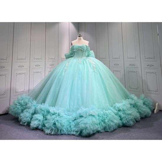 Mumuleo Mint Green Off Shoulder Quinceanera Dress 3D Floral Beaded Corset Big Bow Ruffle Tulle Ball Gown Long Train Vestidos De 15 Anos Sweet 16 Birthday Dress