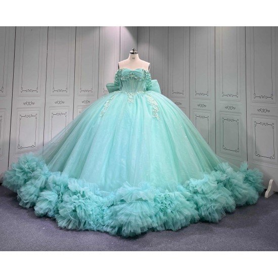 Mumuleo Mint Green Off Shoulder Quinceanera Dress 3D Floral Beaded Corset Big Bow Ruffle Tulle Ball Gown Long Train Vestidos De 15 Anos Sweet 16 Birthday Dress