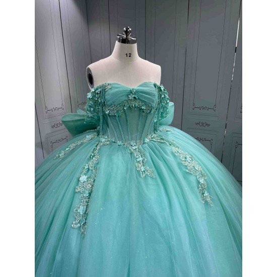 Mumuleo Mint Green Off Shoulder Quinceanera Dress 3D Floral Beaded Corset Big Bow Ruffle Tulle Ball Gown Long Train Vestidos De 15 Anos Sweet 16 Birthday Dress