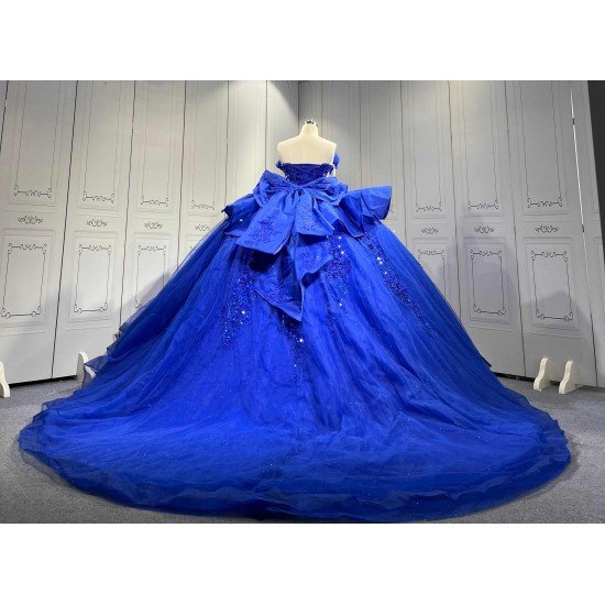 Mumuleo Royal Blue Sweetheart Quinceanera Dress 3D Floral Lace Sequin Ball Gown Big Bow Corset Back Long Train Vestidos De 15 Anos Sweet 16 Party Gowns