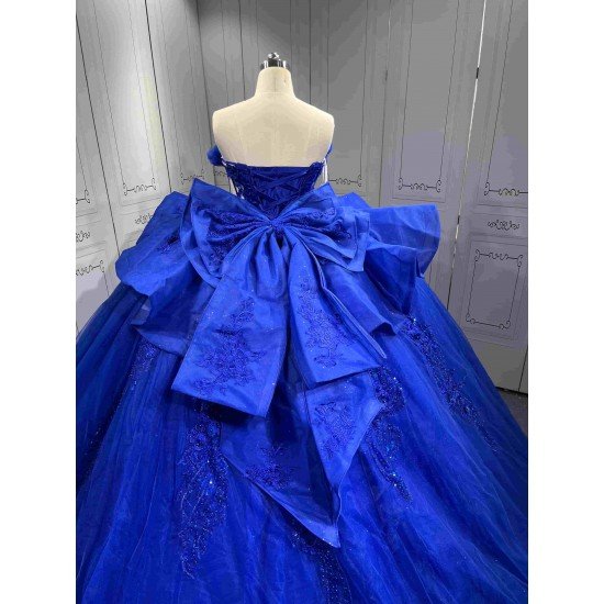 Mumuleo Royal Blue Sweetheart Quinceanera Dress 3D Floral Lace Sequin Ball Gown Big Bow Corset Back Long Train Vestidos De 15 Anos Sweet 16 Party Gowns
