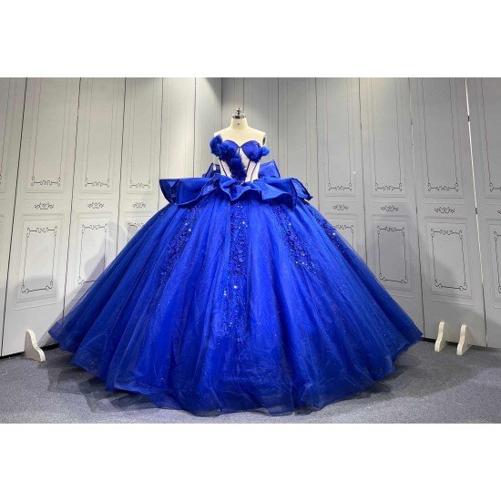 Mumuleo Royal Blue Sweetheart Quinceanera Dress 3D Floral Lace Sequin Ball Gown Big Bow Corset Back Long Train Vestidos De 15 Anos Sweet 16 Party Gowns