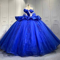Mumuleo Royal Blue Sweetheart Quinceanera Dress 3D Floral Lace Sequin Ball Gown Big Bow Corset Back Long Train Vestidos De 15 Anos Sweet 16 Party Gowns
