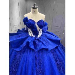 Mumuleo Royal Blue Sweetheart Quinceanera Dress 3D Floral Lace Sequin Ball Gown Big Bow Corset Back Long Train Vestidos De 15 Anos Sweet 16 Party Gowns