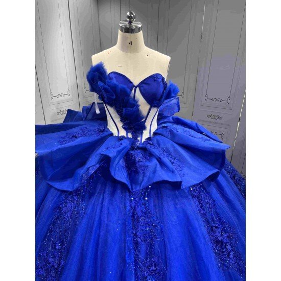 Mumuleo Royal Blue Sweetheart Quinceanera Dress 3D Floral Lace Sequin Ball Gown Big Bow Corset Back Long Train Vestidos De 15 Anos Sweet 16 Party Gowns