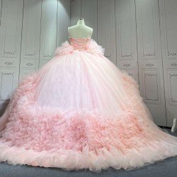 Blush Pink Sweetheart Quinceanera Dress Heavy Ruffled Tulle Ball Gown Corset Back Long Train Vestidos De 15 Anos Sweet 16 Birthday Party Gowns