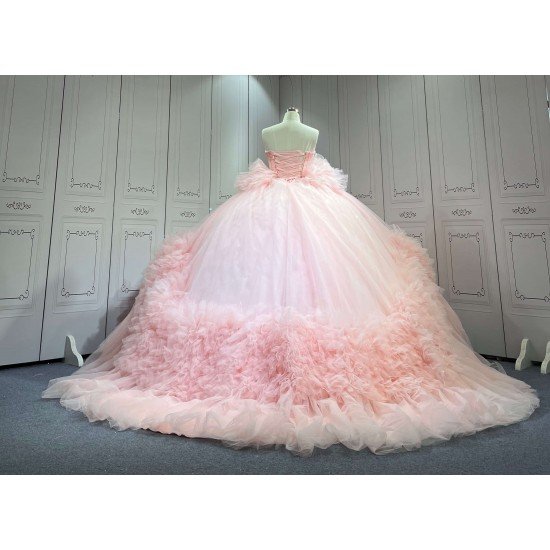 Blush Pink Sweetheart Quinceanera Dress Heavy Ruffled Tulle Ball Gown Corset Back Long Train Vestidos De 15 Anos Sweet 16 Birthday Party Gowns