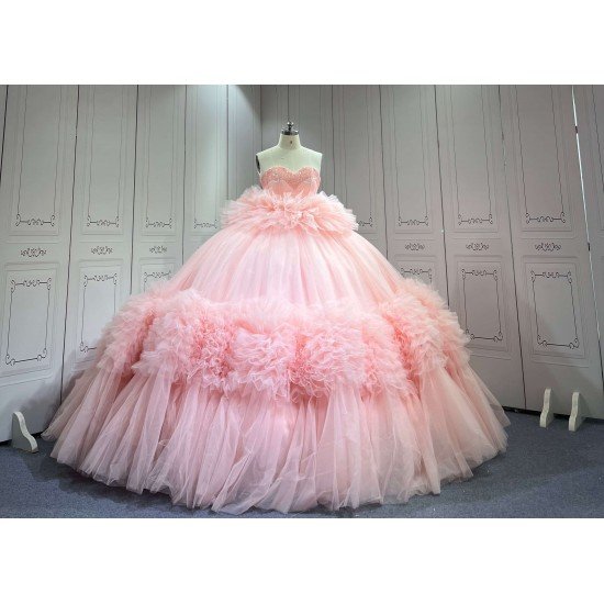 Blush Pink Sweetheart Quinceanera Dress Heavy Ruffled Tulle Ball Gown Corset Back Long Train Vestidos De 15 Anos Sweet 16 Birthday Party Gowns
