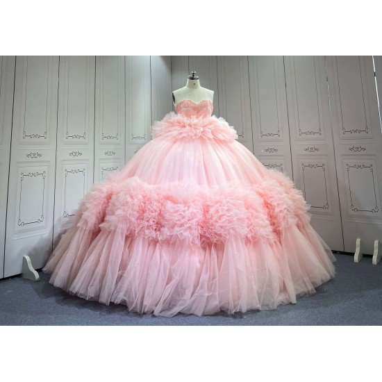 Blush Pink Sweetheart Quinceanera Dress Heavy Ruffled Tulle Ball Gown Corset Back Long Train Vestidos De 15 Anos Sweet 16 Birthday Party Gowns