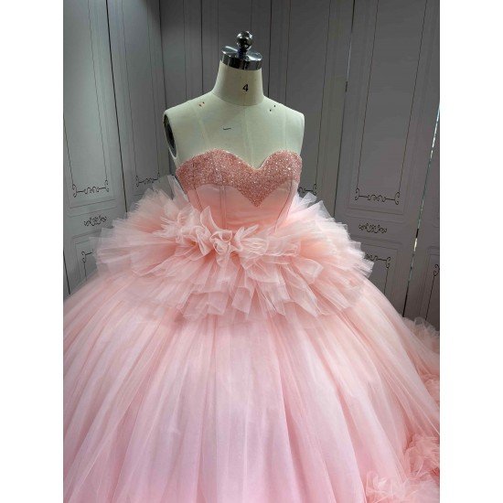Blush Pink Sweetheart Quinceanera Dress Heavy Ruffled Tulle Ball Gown Corset Back Long Train Vestidos De 15 Anos Sweet 16 Birthday Party Gowns
