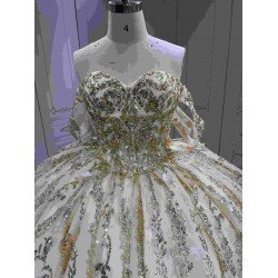 Mumuleo Luxury Champagne Quinceanera Floor-Length Ball Gown Dresses with Knitted Lace Floral Appliques Natural Waistline Bow