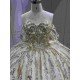 Mumuleo Luxury Champagne Quinceanera Floor-Length Ball Gown Dresses with Knitted Lace Floral Appliques Natural Waistline Bow