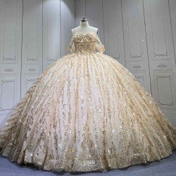 Mumuleo Luxury Champagne Quinceanera Floor-Length Ball Gown Dresses with Knitted Lace Floral Appliques Natural Waistline Bow
