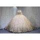 Mumuleo Luxury Champagne Quinceanera Floor-Length Ball Gown Dresses with Knitted Lace Floral Appliques Natural Waistline Bow