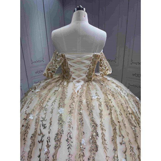 Mumuleo Luxury Champagne Quinceanera Floor-Length Ball Gown Dresses with Knitted Lace Floral Appliques Natural Waistline Bow