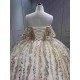 Mumuleo Luxury Champagne Quinceanera Floor-Length Ball Gown Dresses with Knitted Lace Floral Appliques Natural Waistline Bow