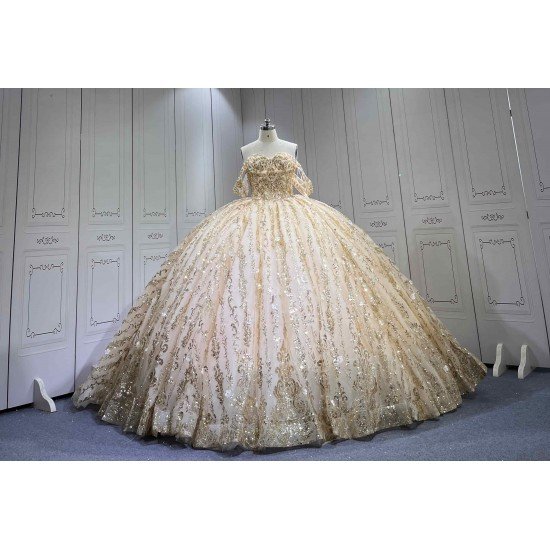 Mumuleo Luxury Champagne Quinceanera Floor-Length Ball Gown Dresses with Knitted Lace Floral Appliques Natural Waistline Bow
