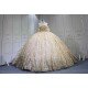 Mumuleo Luxury Champagne Quinceanera Floor-Length Ball Gown Dresses with Knitted Lace Floral Appliques Natural Waistline Bow
