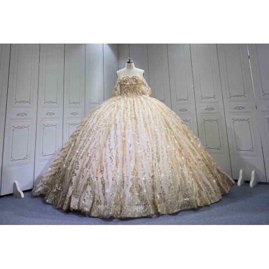 Mumuleo Luxury Champagne Quinceanera Floor-Length Ball Gown Dresses with Knitted Lace Floral Appliques Natural Waistline Bow