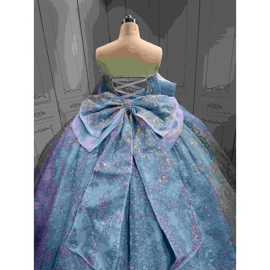 Mumuleo Sky Blue Sparkly Detachable Sweep Train Ball Gown Floor-Length Modern Satin Print Knitted Teenagers Quinceanera Dresses