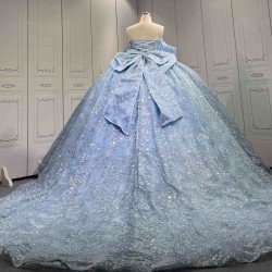 Mumuleo Sky Blue Sparkly Detachable Sweep Train Ball Gown Floor-Length Modern Satin Print Knitted Teenagers Quinceanera Dresses