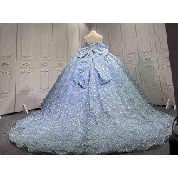 Mumuleo Sky Blue Sparkly Detachable Sweep Train Ball Gown Floor-Length Modern Satin Print Knitted Teenagers Quinceanera Dresses