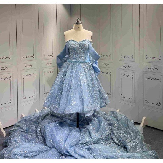Mumuleo Sky Blue Sparkly Detachable Sweep Train Ball Gown Floor-Length Modern Satin Print Knitted Teenagers Quinceanera Dresses
