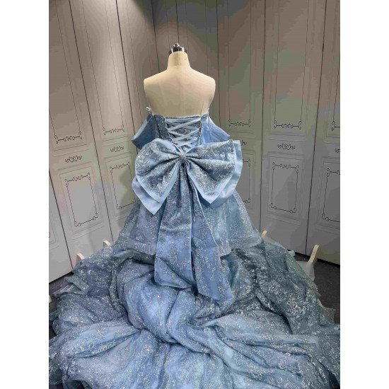 Mumuleo Sky Blue Sparkly Detachable Sweep Train Ball Gown Floor-Length Modern Satin Print Knitted Teenagers Quinceanera Dresses