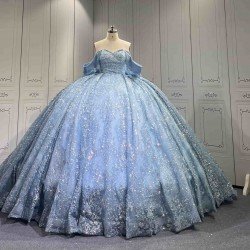 Mumuleo Sky Blue Sparkly Detachable Sweep Train Ball Gown Floor-Length Modern Satin Print Knitted Teenagers Quinceanera Dresses