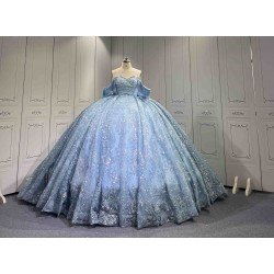 Mumuleo Sky Blue Sparkly Detachable Sweep Train Ball Gown Floor-Length Modern Satin Print Knitted Teenagers Quinceanera Dresses