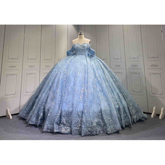 Mumuleo Sky Blue Sparkly Detachable Sweep Train Ball Gown Floor-Length Modern Satin Print Knitted Teenagers Quinceanera Dresses
