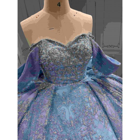 Mumuleo Sky Blue Sparkly Detachable Sweep Train Ball Gown Floor-Length Modern Satin Print Knitted Teenagers Quinceanera Dresses