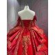 Mumuleo Red & Gold Quinceanera Ball Gown Floor-Length Sweep Train Satin Modern Dress for Teenagers