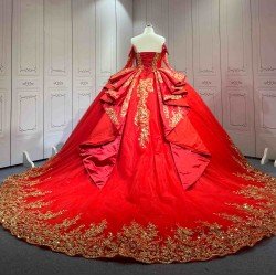 Mumuleo Red & Gold Quinceanera Ball Gown Floor-Length Sweep Train Satin Modern Dress for Teenagers