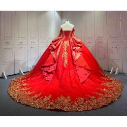 Mumuleo Red & Gold Quinceanera Ball Gown Floor-Length Sweep Train Satin Modern Dress for Teenagers