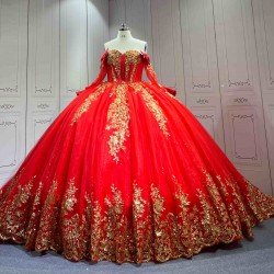 Mumuleo Red & Gold Quinceanera Ball Gown Floor-Length Sweep Train Satin Modern Dress for Teenagers