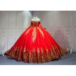 Mumuleo Red & Gold Quinceanera Ball Gown Floor-Length Sweep Train Satin Modern Dress for Teenagers