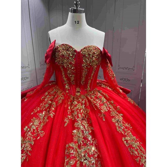 Mumuleo Red & Gold Quinceanera Ball Gown Floor-Length Sweep Train Satin Modern Dress for Teenagers