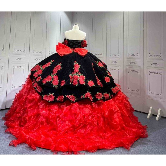 Mumuleo Custom Made Burgundy Black Floor-Length Ball Gown Quinceanera Dress Off-Shoulder Lace Appliques Sweep Train Luxury Satin