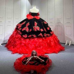 Mumuleo Custom Made Burgundy Black Floor-Length Ball Gown Quinceanera Dress Off-Shoulder Lace Appliques Sweep Train Luxury Satin