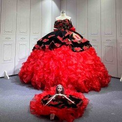 Mumuleo Custom Made Burgundy Black Floor-Length Ball Gown Quinceanera Dress Off-Shoulder Lace Appliques Sweep Train Luxury Satin