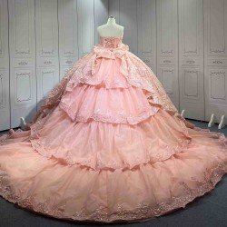 Mumuleo 2026 Rose Gose Lace Off-Shoulder Appliques Bow Natural Waist Embroidered Quinceanera Ball Gown Dress with Sweep Train