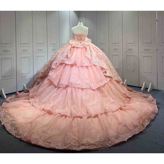 Mumuleo 2026 Rose Gose Lace Off-Shoulder Appliques Bow Natural Waist Embroidered Quinceanera Ball Gown Dress with Sweep Train