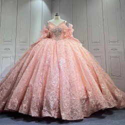 Mumuleo 2026 Rose Gose Lace Off-Shoulder Appliques Bow Natural Waist Embroidered Quinceanera Ball Gown Dress with Sweep Train