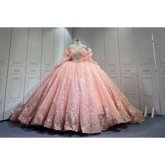 Mumuleo 2026 Rose Gose Lace Off-Shoulder Appliques Bow Natural Waist Embroidered Quinceanera Ball Gown Dress with Sweep Train
