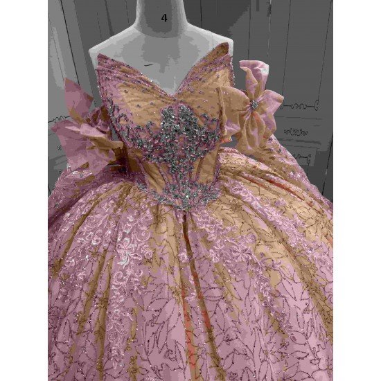 Mumuleo 2026 Rose Gose Lace Off-Shoulder Appliques Bow Natural Waist Embroidered Quinceanera Ball Gown Dress with Sweep Train