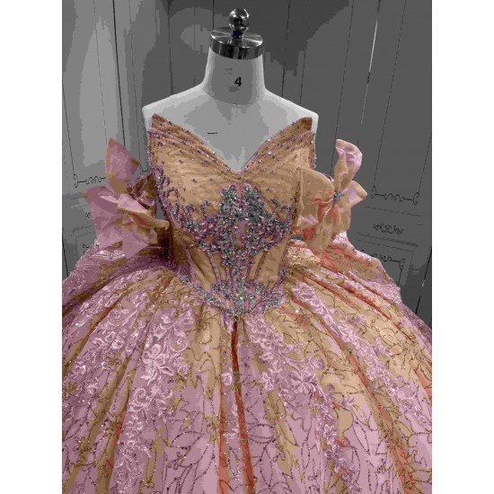 Mumuleo 2026 Rose Gose Lace Off-Shoulder Appliques Bow Natural Waist Embroidered Quinceanera Ball Gown Dress with Sweep Train
